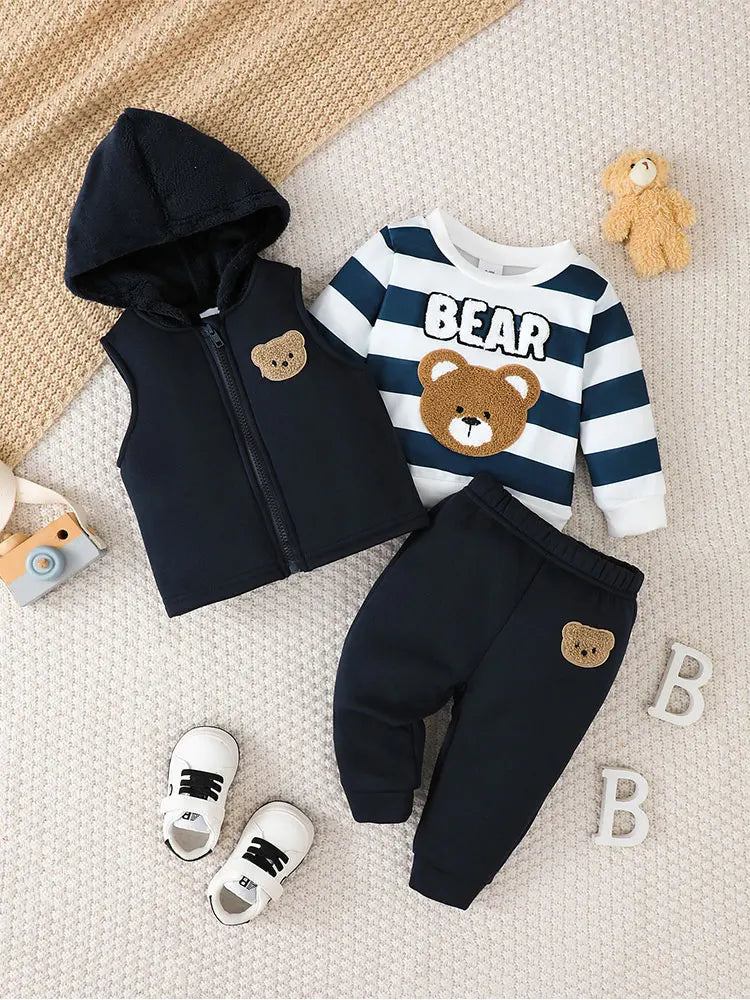 3PCS，Cute Bear - Themed Baby Boy Clothing Set: Navy Vest, Striped Tee & Joggers，Fabric comfort，Suitable for fall and winter.