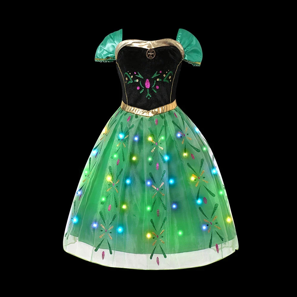 Girl Elsa Anna Princess Dress with LED Light Up Costume for Kids Cosplay Party Clothes Rapunzel Aurora Outfit Carnival Prom Gown