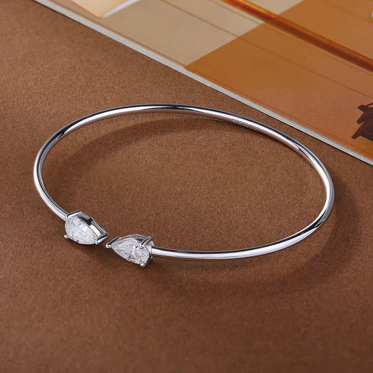 Bracelets Jonc Ouvrables Moissanite Goutte d'Eau 2 Pierres pour Femmes, en Argent Sterling 925, Diamant Poire de 2 carats au total, avec Certificat