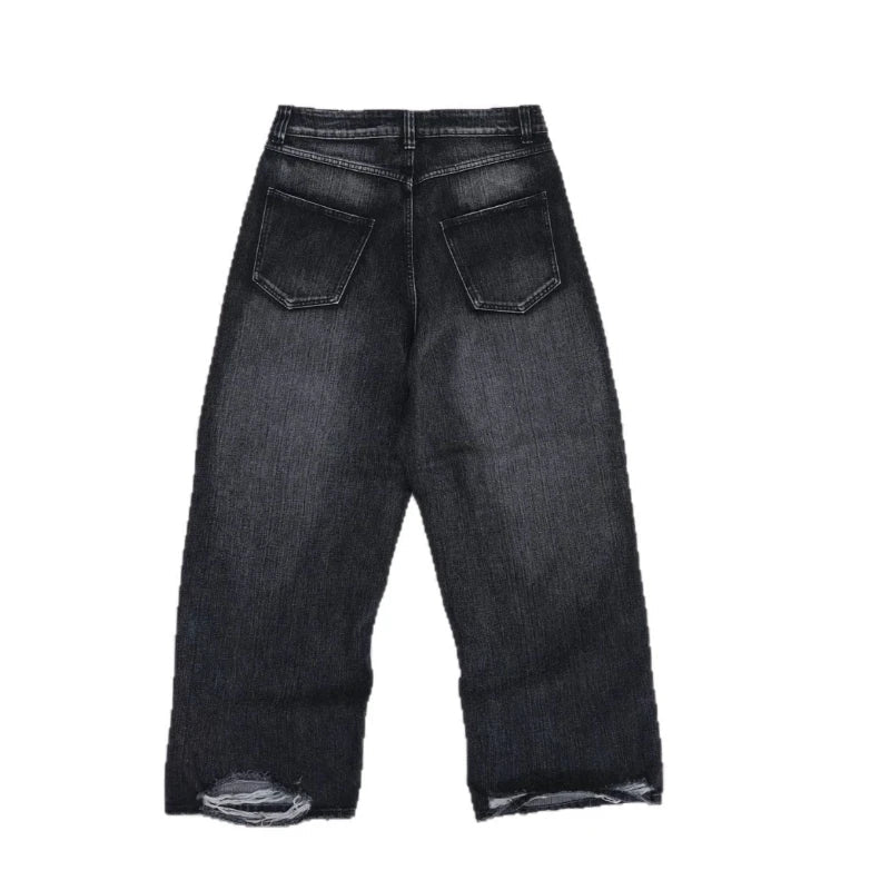 Mens Jeans Gothic Distressed Washed Denim Pant Harajuku Unisex Loose Fit Straight Leg Y2K Vintage High Street Streetwear Fashion