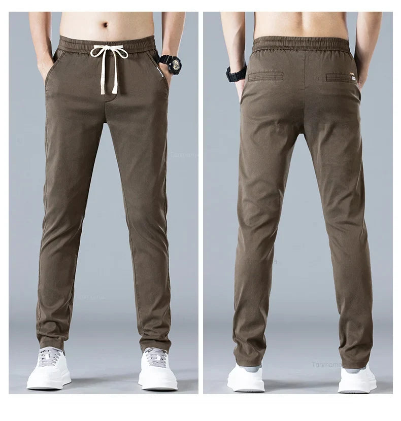 Spring Summer Men's Casual Pants Korean Fashion Cotton Thin Soft Elastic Slim Business Trousers Black Green Khaki