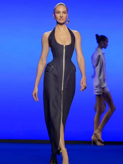 2025 New Women Celebrity Sexy Backless Halter Blue Zipper Denim Maxi Long Gowns Dress Elegant Evening Party Club Vestido