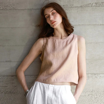 Chic Front And Back Two Wear Women Linen Tank Top 2026 Summer New Casual Short Loose 100% Linen Sleeveless Crop Tops