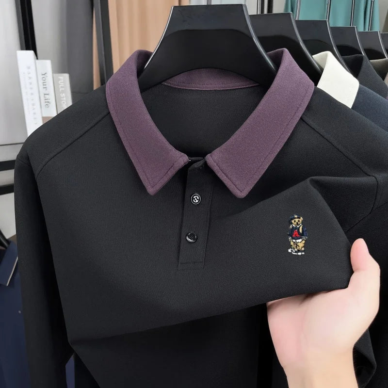 Premium luxury men's long sleeve polo shirt brand cartoon bear embroidery Korean style fashion comfort autumn new lapel T-shirt