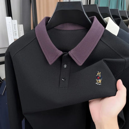 Premium luxury men's long sleeve polo shirt brand cartoon bear embroidery Korean style fashion comfort autumn new lapel T-shirt
