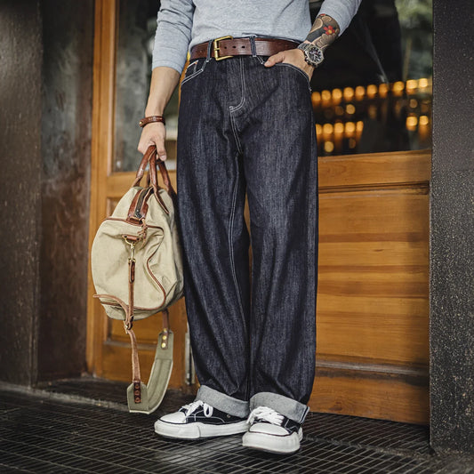 Vintage 12oz One-Washed Denim Jeans for Men Straight Wide Leg Trousers Loose Fit Zip Fly Casual Pants for Fall Winter