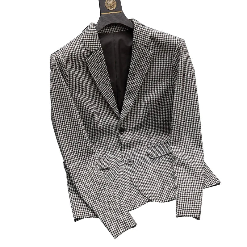 Plus-Size Men's Spring New Korean Style Slim-Fit Trendy Handsome Single-Breasted Houndstooth Suit Jacket