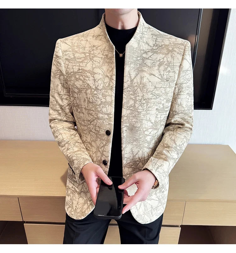New Chinese Style Stand Up Collar Jacquard Suit Coats Men Slim Business Casual Fashion Suits Jacket Formal Social Party Tuxedos