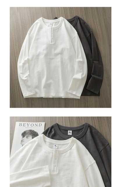320G Heavyweight 100% Cotton Henley Neck T Shirt for Men Long-Sleeved Spring Autumn Casual Tops Solid Color Undershirts