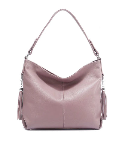 Elegant Beige Women Genuine Leather Handbag Hobo Bag Fashion Crossbody Tassel Big Capacity Shopper Tote Purse Sac Hot Sale