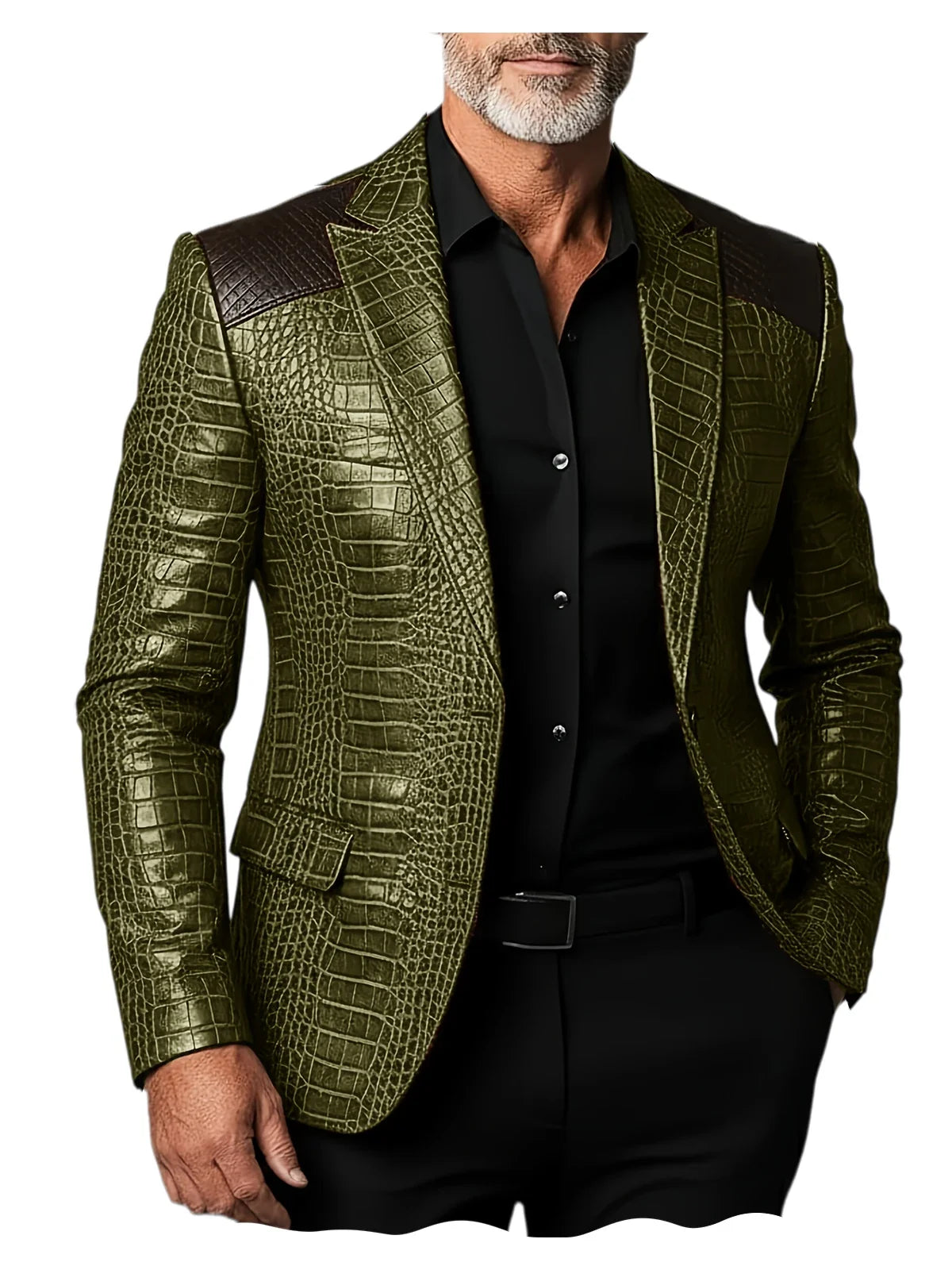 Men's Crocodile Pattern Leather Blazer Patchwork PU Leather Suit Jacket Notched Lapel Slim Fit Business Casual Coat Outerwear