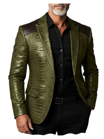 Men's Crocodile Pattern Leather Blazer Patchwork PU Leather Suit Jacket Notched Lapel Slim Fit Business Casual Coat Outerwear