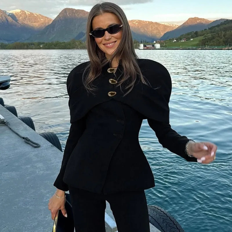 Black Elegant Blazer For Women 2025 Autumn Fashion Gold Buttons Patchwork Jacket Coat Party Vintage Commuter Suit Jacket