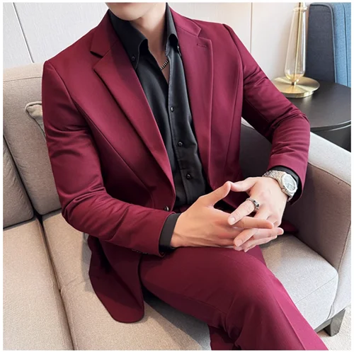 (Jacket+Pant) New Men Pure Color Business Social Wedding Party Suit Fashion Male Banquet Party Slim Fit Dress Blazer and Trouser
