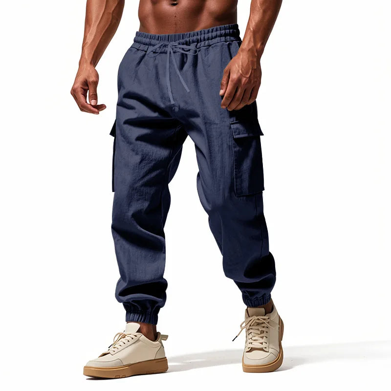 2026 New men's casual multi-pocket trousers male closed-placket tethered cotton and linen straight-leg leggings Men Mens