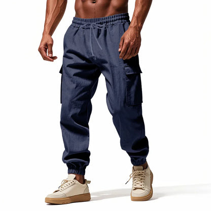 2026 New men's casual multi-pocket trousers male closed-placket tethered cotton and linen straight-leg leggings Men Mens