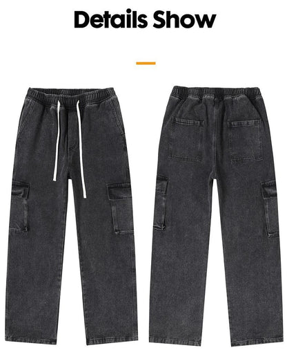 Men's Baggy Straight Cargo Jeans Elastic Waist Drawstring Casual Pants High Street Fashion Vintage Trousers Male Trendy Brand