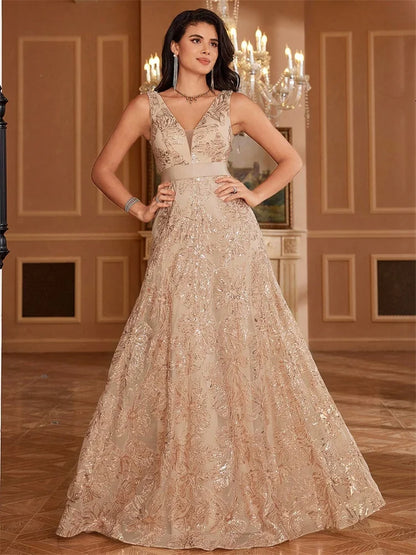 Luxury Sexy V-Neck Sequins Formal Evening Dress Long 2025 Women Elegant V-back Wedding Party Long Prom Cocktail Graduation Gown