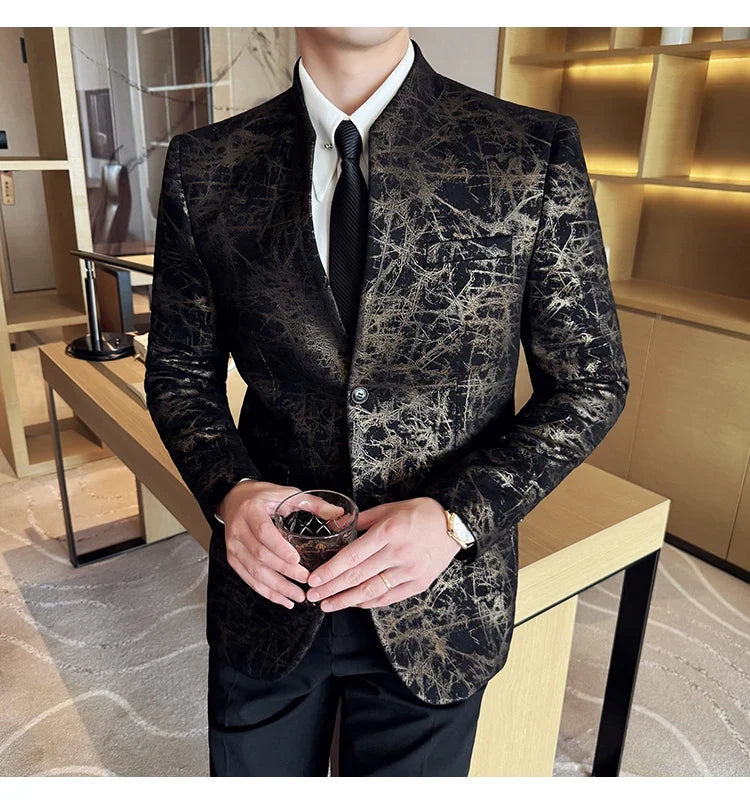 New Chinese Style Stand Up Collar Jacquard Suit Coats Men Slim Business Casual Fashion Suits Jacket Formal Social Party Tuxedos
