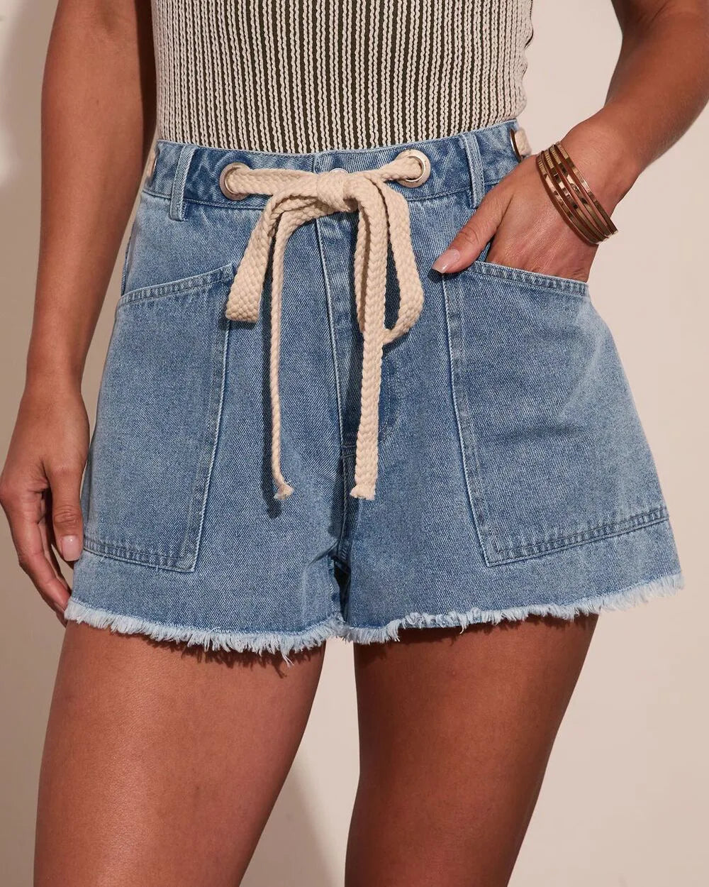Women's High Waist Denim Shorts with Drawstring Front Pockets Frayed Hem Summer Casual Jeans Shorts