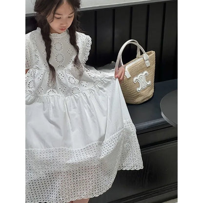 Cotton Medium To Large Children's Clothing Lace White Dress Girls' Princess Little Fresh Vest Dress 2025 Summer New Style