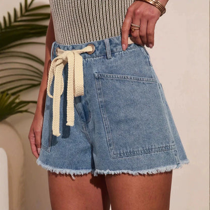 Women's High Waist Denim Shorts with Drawstring Front Pockets Frayed Hem Summer Casual Jeans Shorts