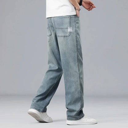 Summer Ultra-thin Lyocell Men's Jeans Drape Soft Fabric Loose Straight Casual Denim Pants Elastic Ice Silk Male Trousers