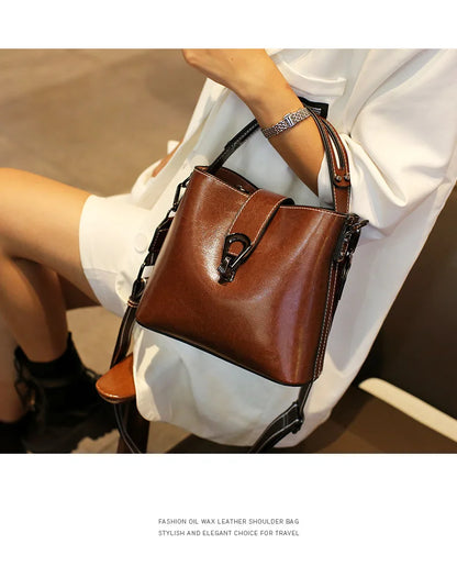 Real Cowhide Leather Women's New Bucket Bag Lady Fashion Single Shoulder Messenger Bag Versatile Handbag Casual Crossbody Bags
