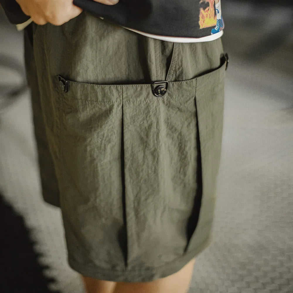 Casual Green Pocket Shorts Men's Summer Lightweight Woven Straight Leg Shorts Elastic Waist Retro Street Versatile Bottoms