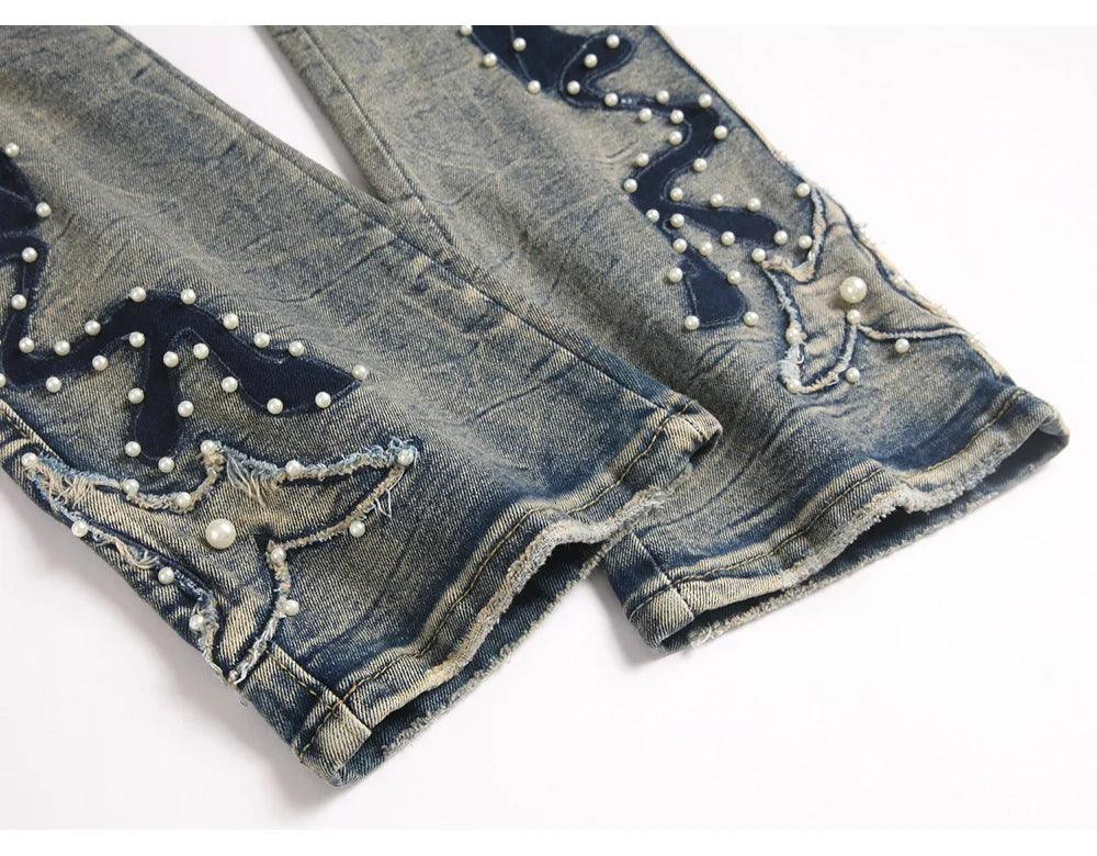 Men's Pearl Boot Cut Denim Jeans Embroidery Patch Slim Flared Pants Casual Streetwear Vintage Blue Trousers