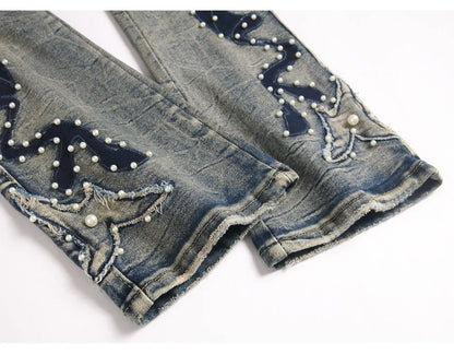 Men's Pearl Boot Cut Denim Jeans Embroidery Patch Slim Flared Pants Casual Streetwear Vintage Blue Trousers