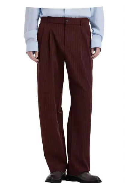 Stripe Men's Pants Slant Pockets Pleated Wide Leg High Waist Loose Fit Button Fly Business Casual Daily Office All-Match Trouser