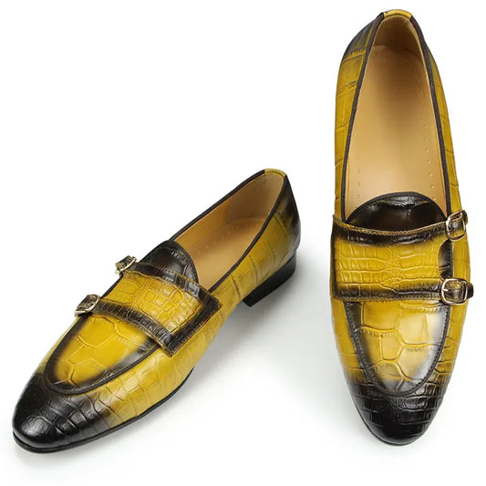 Men Loafers Double Monk Strap Slip on Fashion Casual Penny Footwear Business Wedding Evening Genuine Leather Crocodile Printing