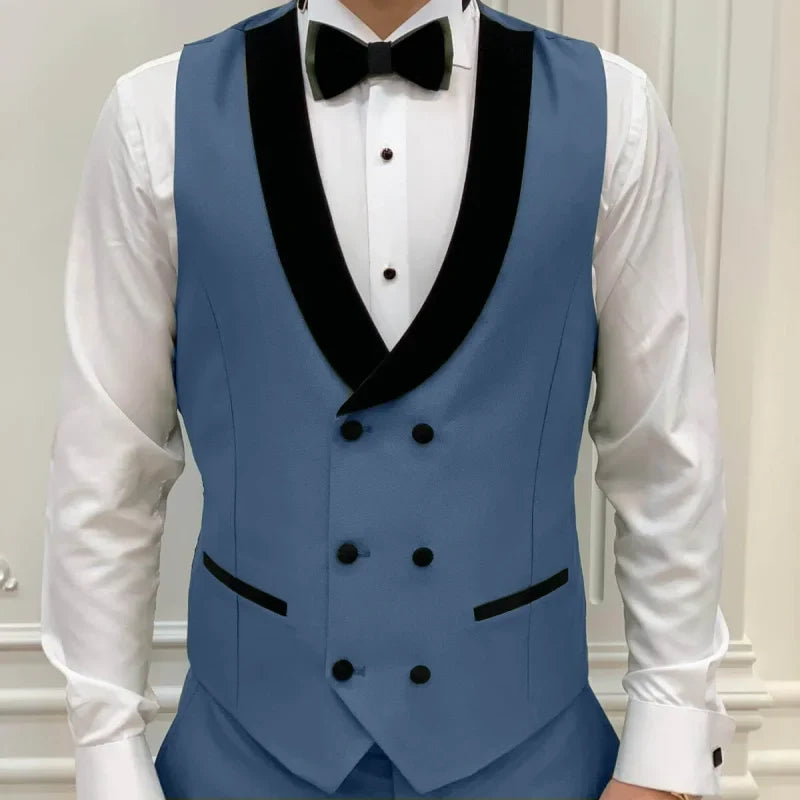 Men Vest Gray Double Button With Black Lapel Waistcoat Suit Fit Wedding Birthday Banquet Party Business Work Tuxedo Men Suit
