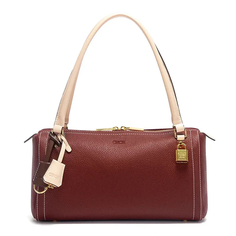 Fashionable Women's Boston Bag Autumn/Winter New Collection Simple Large Capacity Brown Shoulder Bag Texture Handbag