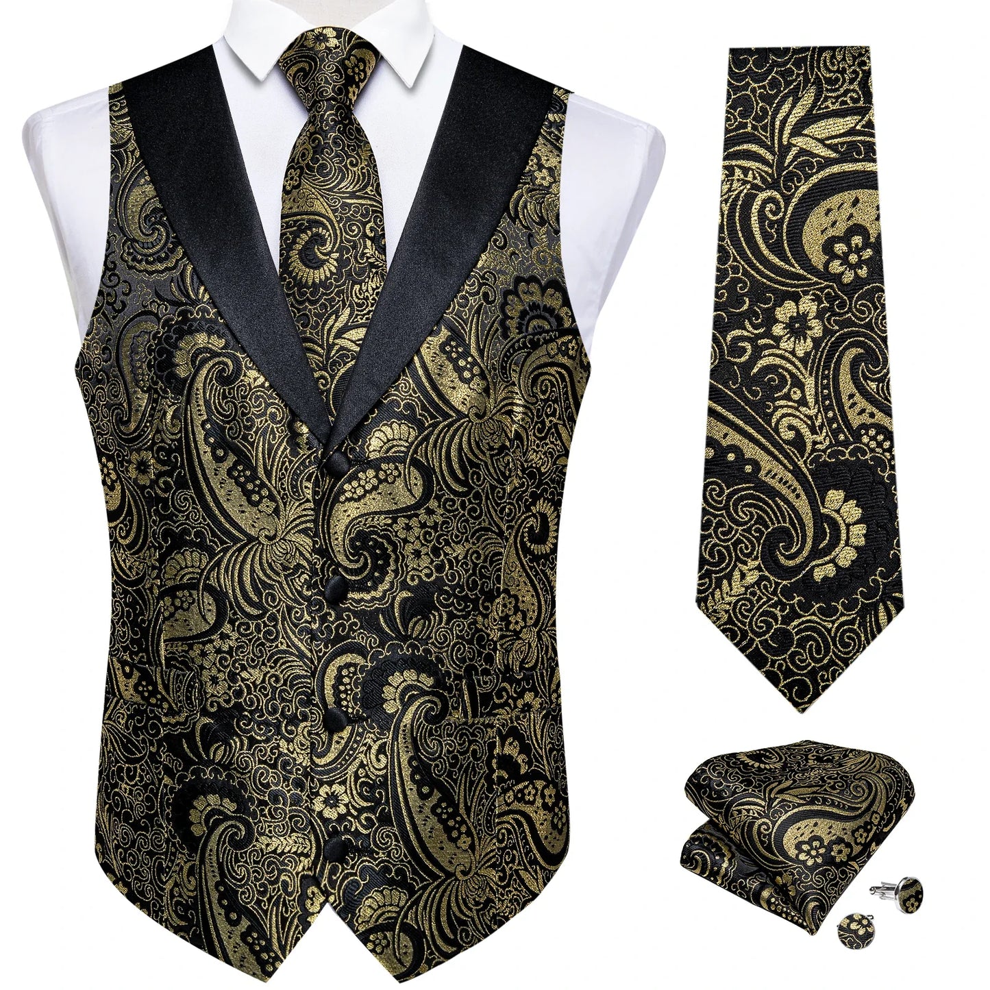 Men's Paisley  Suit Vest with Macthing Golden Paisley Neck Tie Handkerchief Cufflinks Wedding Prom Tuxedo Waistcoat