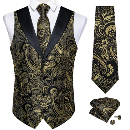 Men's Paisley  Suit Vest with Macthing Golden Paisley Neck Tie Handkerchief Cufflinks Wedding Prom Tuxedo Waistcoat