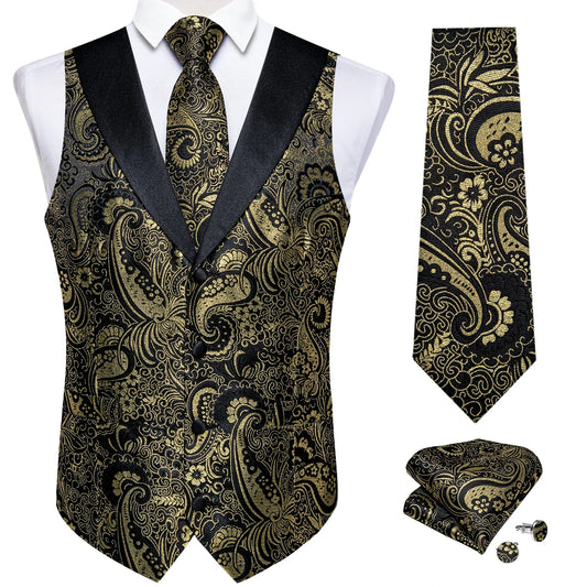 Men's Paisley  Suit Vest with Macthing Golden Paisley Neck Tie Handkerchief Cufflinks Wedding Prom Tuxedo Waistcoat