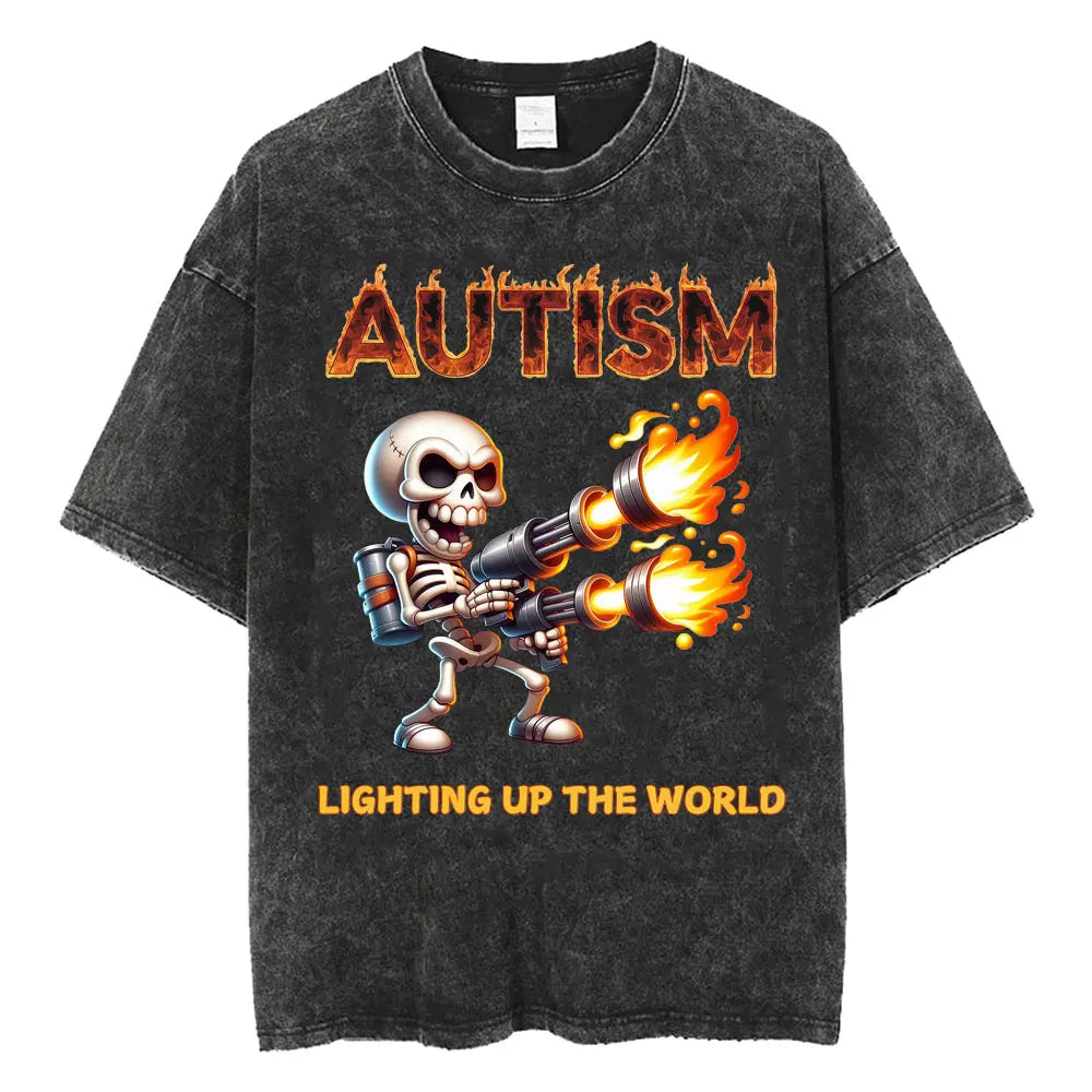 Autism Skeleton Meme T Shirt Human Funny Skull Men Women Harajuku Gothic Vintage Washed T Shirts Oversized Casual Cotton T-shirt
