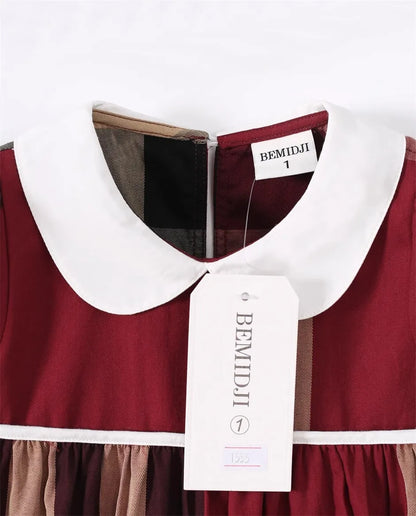 Summer Short Sleeves Kids Girl's Dress Long Sleeves Retro Style Red Plaid Striped Doll Collar Princess Doll Dresses Kids Clothes
