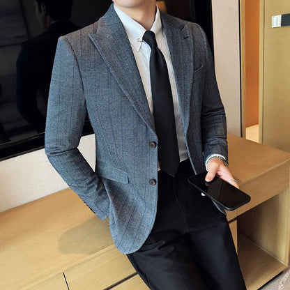 Men's Herringbone Stripe Suit Blazer Classic Lapel Dress Jacket Elegant Slim Fit Fashion Simple Casual Business Prom Suit Jacket
