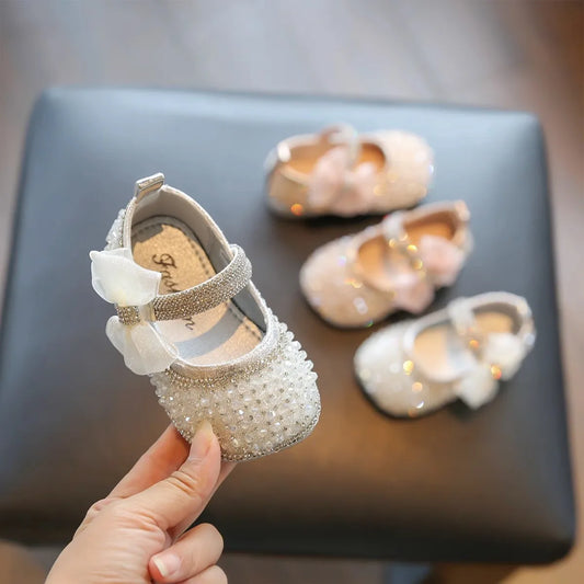 Girls Walking Shoes Lace Mesh Bows Kids Princess Shoes Non-slip Shiny Sequins 2025 New Children Flat Shoes Soft Sole Non-slip