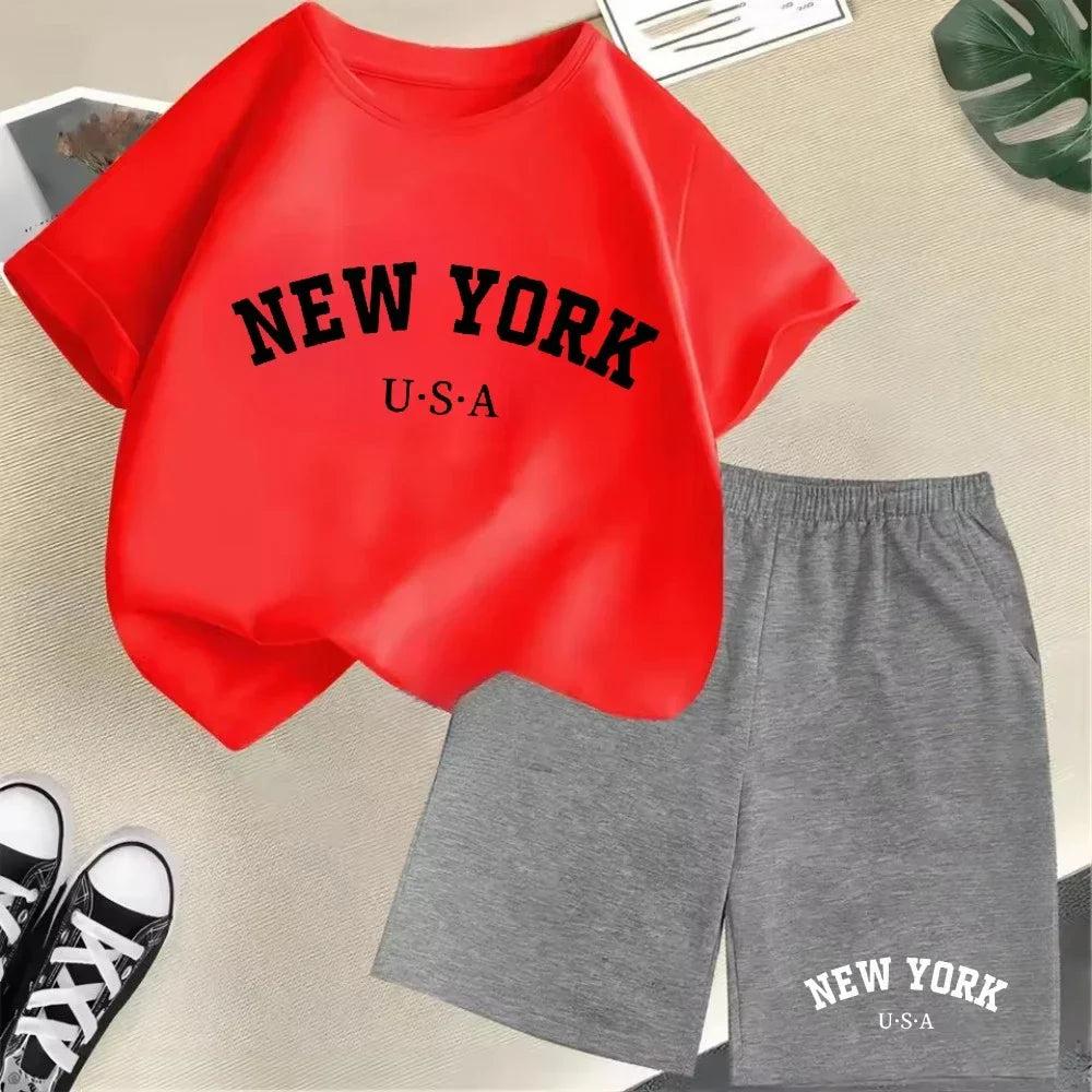 2026 New Kids Boys Girls New York Letter Pattern Cotton T-shirt+Shorts 2-Piece Set Casual Daily