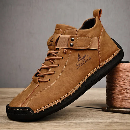 New 2025 Handmade Leather Casual Men Shoes Design Sneakers Man Breathable Leather Shoes Ankle Boots Outdoor Non Slip Walking