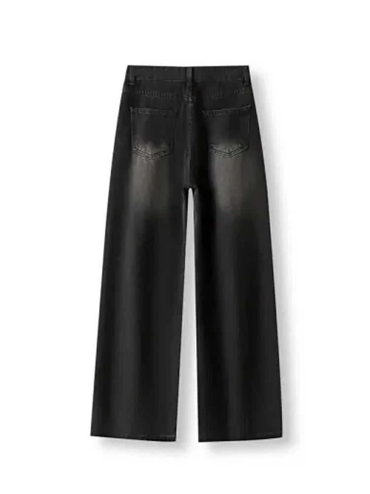 Korean Vintage High Waist Women's Jeans Y2K Slimming Pear-Shaped Loose Straight Bell Bottoms Black Gray Baggy Denim Trousers