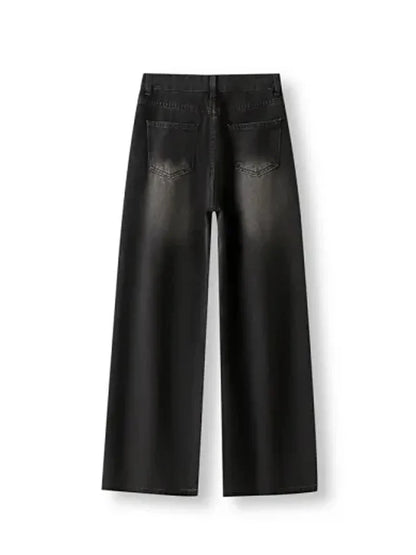 Korean Vintage High Waist Women's Jeans Y2K Slimming Pear-Shaped Loose Straight Bell Bottoms Black Gray Baggy Denim Trousers