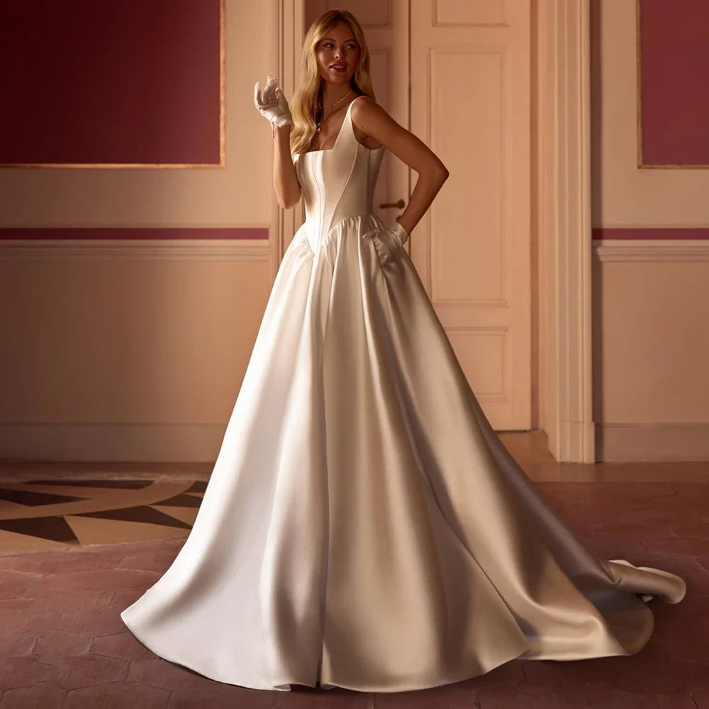 Sexy Wedding Dresses for Woman Bride Customized Sleeveless Square Neck Corset Back Zipper A Line Sweep Train Bridal Gown