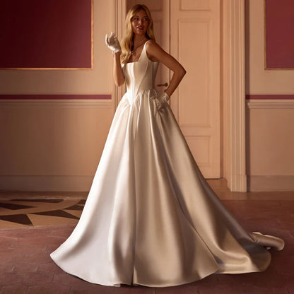 Sexy Wedding Dresses for Woman Bride Customized Sleeveless Square Neck Corset Back Zipper A Line Sweep Train Bridal Gown