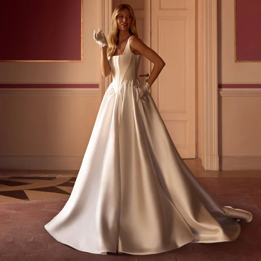 Sexy Wedding Dresses for Woman Bride Customized Sleeveless Square Neck Corset Back Zipper A Line Sweep Train Bridal Gown