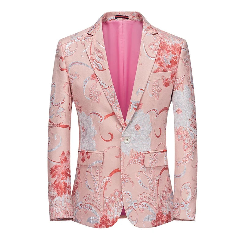 New Men Fashion Flower Suit Luxury Jacquard Jacket Homme Wedding Ball Party Single Button Blazer Singer Stage Performance Coat